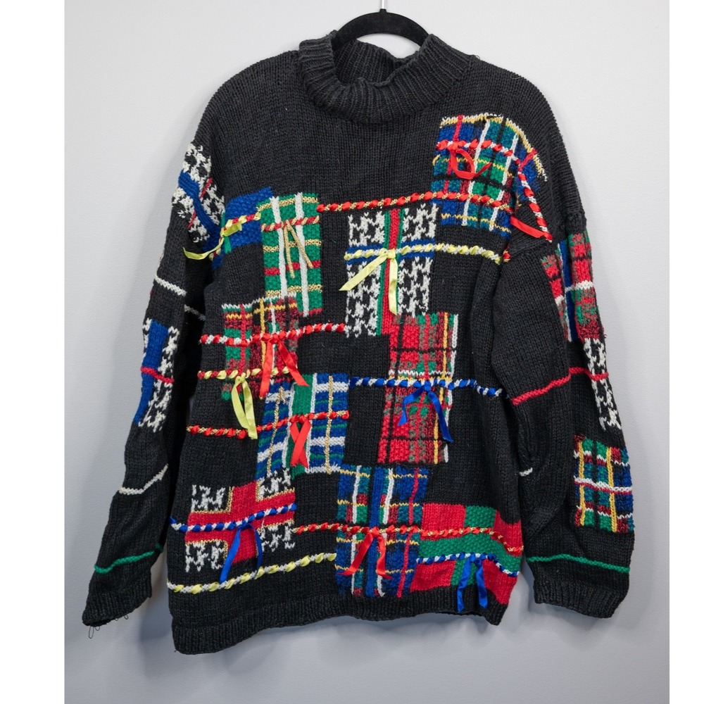 Pendleton Sweater Womens XL Black Excellent Holiday Plaid Ribbon Patchwork Knit